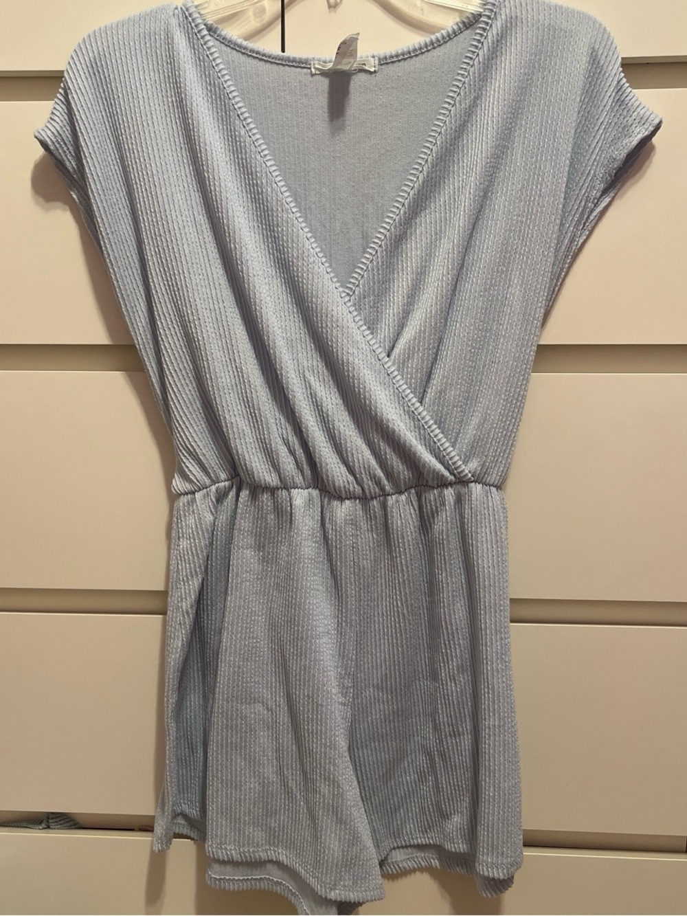 Caution To The Wind Light Blue Ribbed Romper